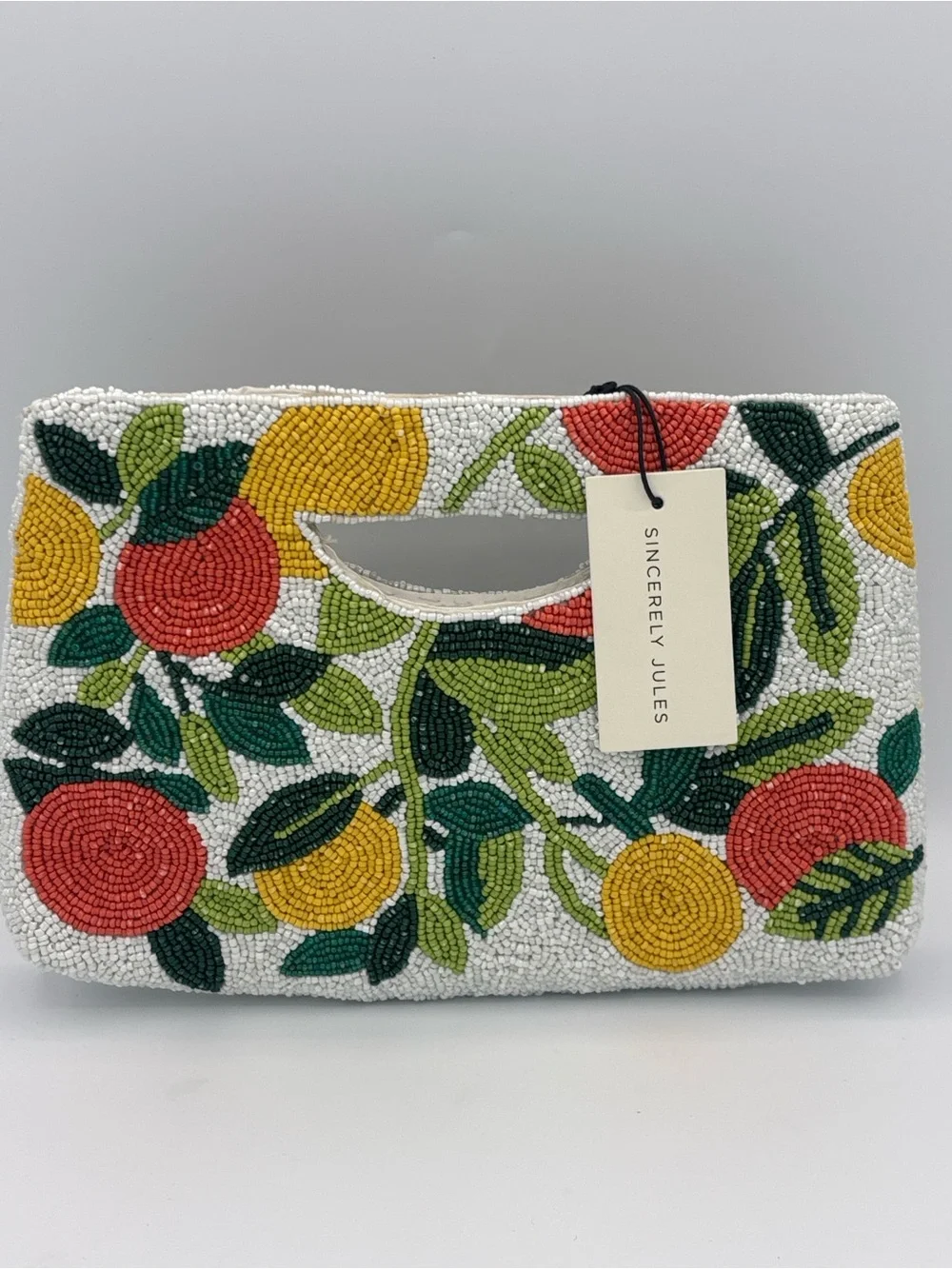 Sincerely Jules Citrus Fruit Beaded Clutch - White, Orange & Yellow